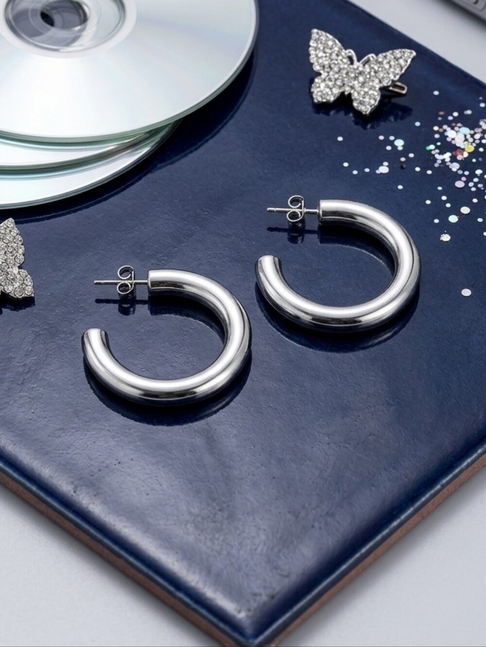 18K White Gold Plated SS Curated Maximalism Chunky Tube C-Hoop Earrings Y2K 1.2"